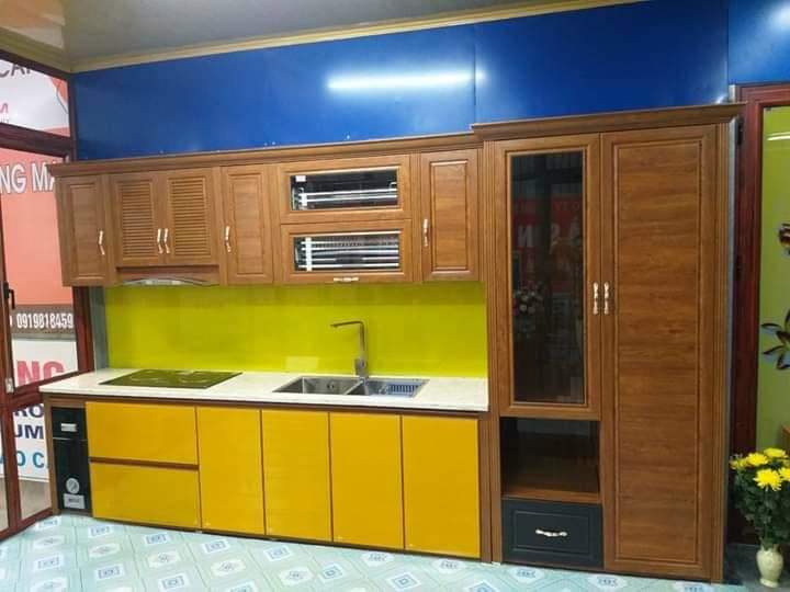 Tủ bếp nhôm Omega Deco, tủ dưới nhôm cánh kính màu